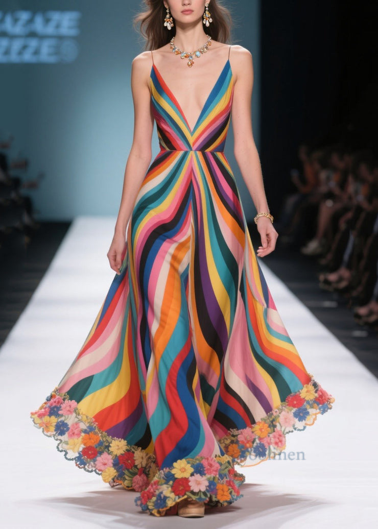 Fitted Multicolour Striped Patchwork Flower Chiffon Beach Dresses Summer