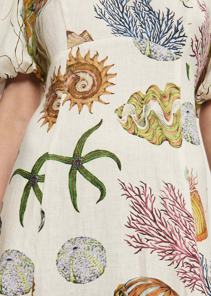 Fitted O Neck Print Cotton Long Dress Lantern Sleeve
