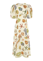 Fitted O Neck Print Cotton Long Dress Lantern Sleeve