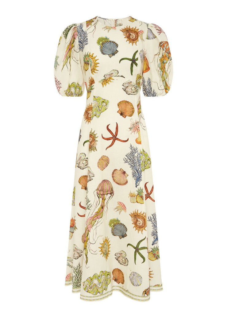 Fitted O Neck Print Cotton Long Dress Lantern Sleeve