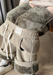 Fitted Oatmeal Pockets Drawstring Teddy Warm Fleece Pants Winter