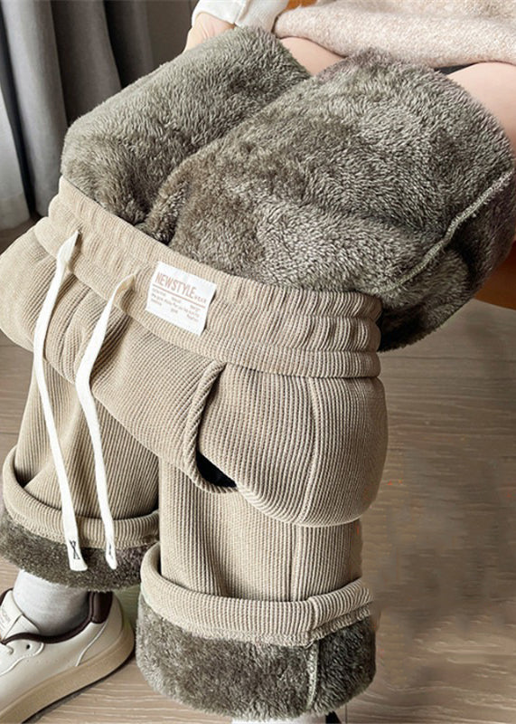 Fitted Oatmeal Pockets Drawstring Teddy Warm Fleece Pants Winter