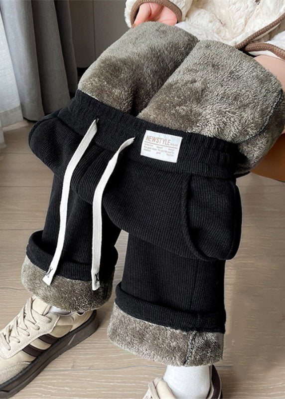 Fitted Oatmeal Pockets Drawstring Teddy Warm Fleece Pants Winter