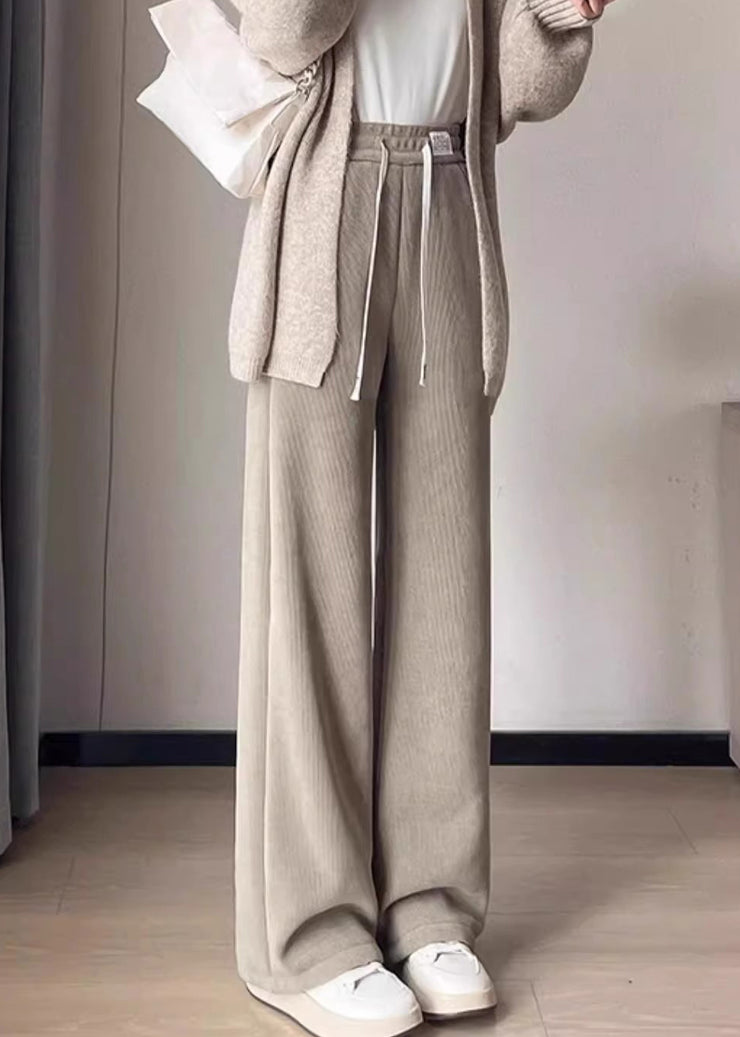 Fitted Oatmeal Pockets Drawstring Teddy Warm Fleece Pants Winter