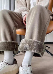 Fitted Oatmeal Pockets Drawstring Teddy Warm Fleece Pants Winter