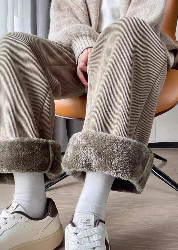 Fitted Oatmeal Pockets Drawstring Teddy Warm Fleece Pants Winter