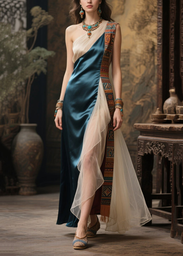 Fitted Peacock Blue One Shoulder Patchwork Tulle Party Dress Summer