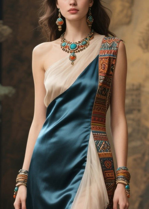 Fitted Peacock Blue One Shoulder Patchwork Tulle Party Dress Summer