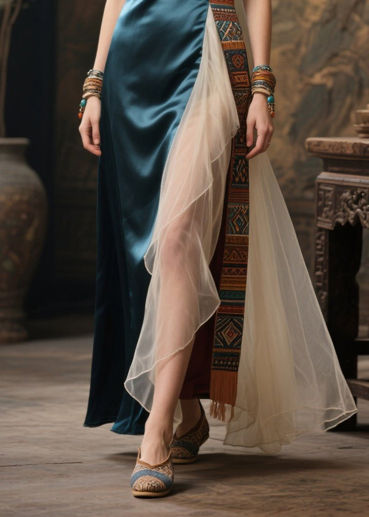 Fitted Peacock Blue One Shoulder Patchwork Tulle Party Dress Summer