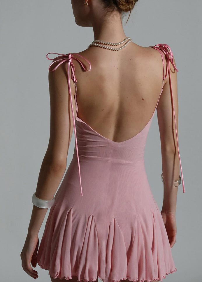 Fitted Pink Backless Lace Up Patchwork Tulle Mini Dresses Summer