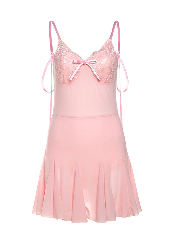 Fitted Pink Backless Lace Up Patchwork Tulle Mini Dresses Summer