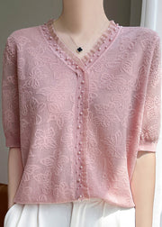 Fitted Pink Jacquard Nail Bead Knit Shirt Top Summer
