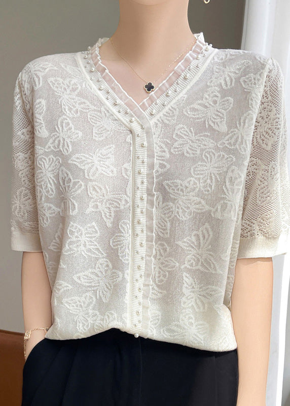 Fitted Pink Jacquard Nail Bead Knit Shirt Top Summer