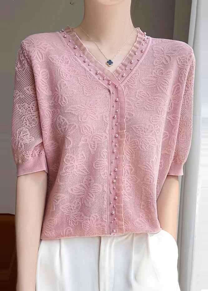 Fitted Pink Jacquard Nail Bead Knit Shirt Top Summer