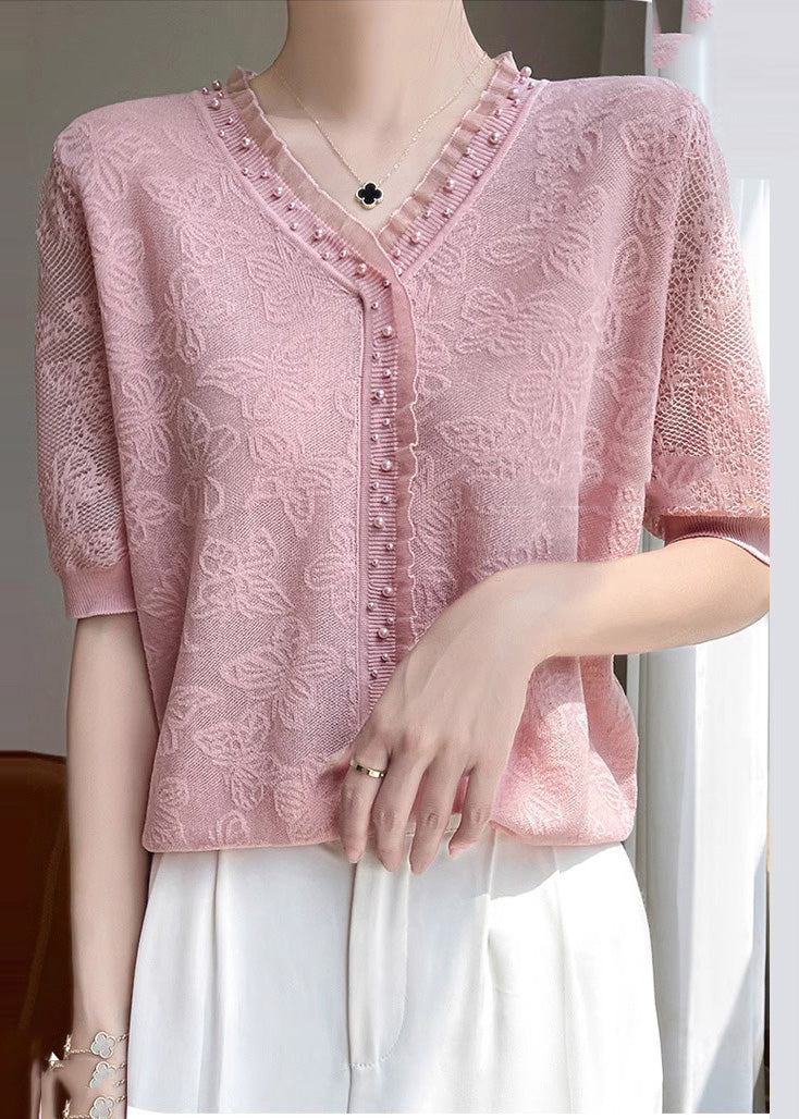 Fitted Pink Jacquard Nail Bead Knit Shirt Top Summer