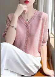 Fitted Pink Jacquard Nail Bead Knit Shirt Top Summer