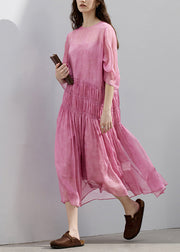 Fitted Pink O Neck Wrinkled Patchwork Silk Dresses Summer