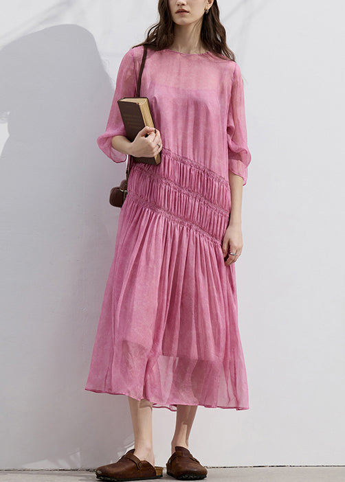 Fitted Pink O Neck Wrinkled Patchwork Silk Dresses Summer