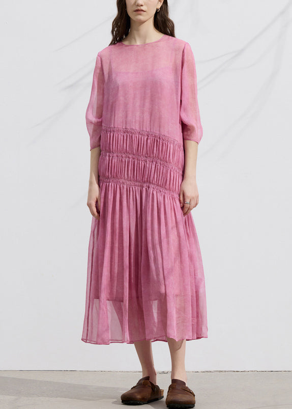 Fitted Pink O Neck Wrinkled Patchwork Silk Dresses Summer