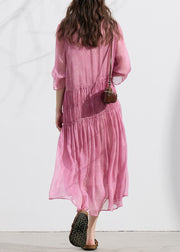 Fitted Pink O Neck Wrinkled Patchwork Silk Dresses Summer