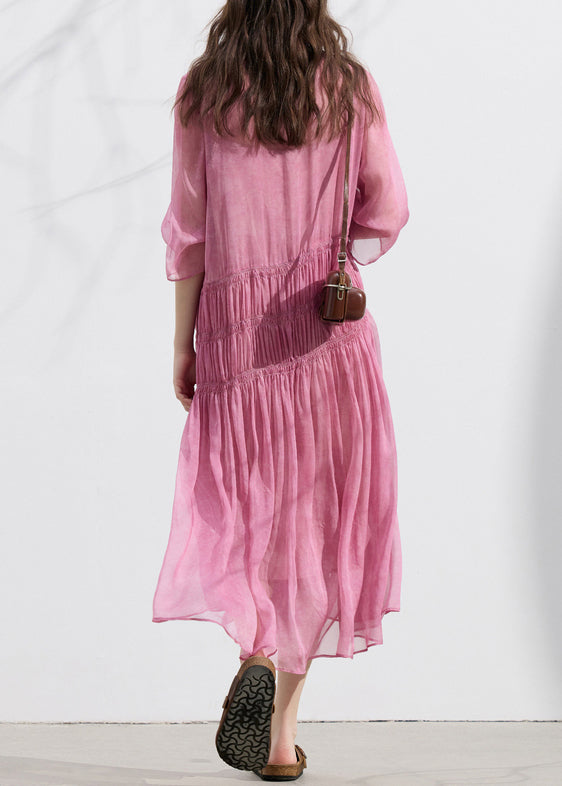 Fitted Pink O Neck Wrinkled Patchwork Silk Dresses Summer