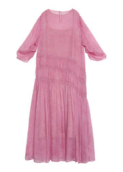 Fitted Pink O Neck Wrinkled Patchwork Silk Dresses Summer