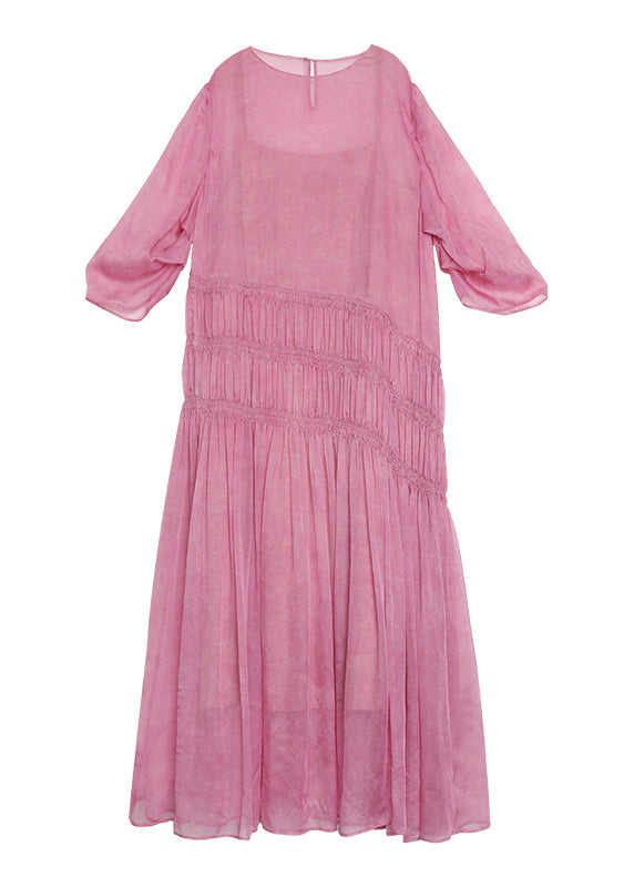 Fitted Pink O Neck Wrinkled Patchwork Silk Dresses Summer