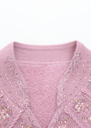 Fitted Pink O Neck Zircon Warm Fleece Knit Sweaters Spring