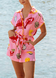 Fitted Pink Peter Pan Collar Tie Waist Linen Jumpsuit Summer