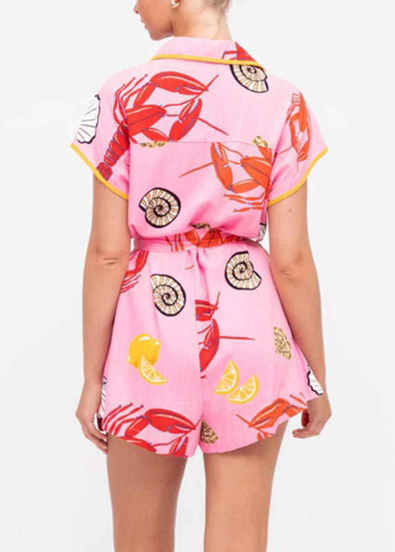 Fitted Pink Peter Pan Collar Tie Waist Linen Jumpsuit Summer