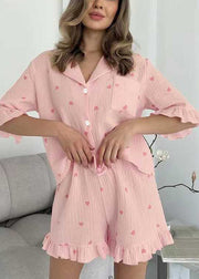 Fitted Pink Ruffled Love Print Cotton Women Pajama Sets 2 Pieces Summer