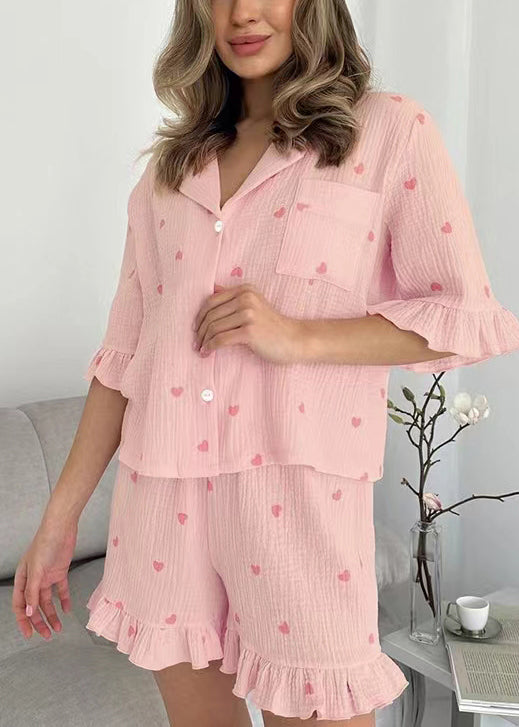 Fitted Pink Ruffled Love Print Cotton Women Pajama Sets 2 Pieces Summer