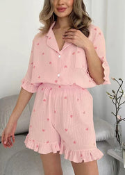 Fitted Pink Ruffled Love Print Cotton Women Pajama Sets 2 Pieces Summer