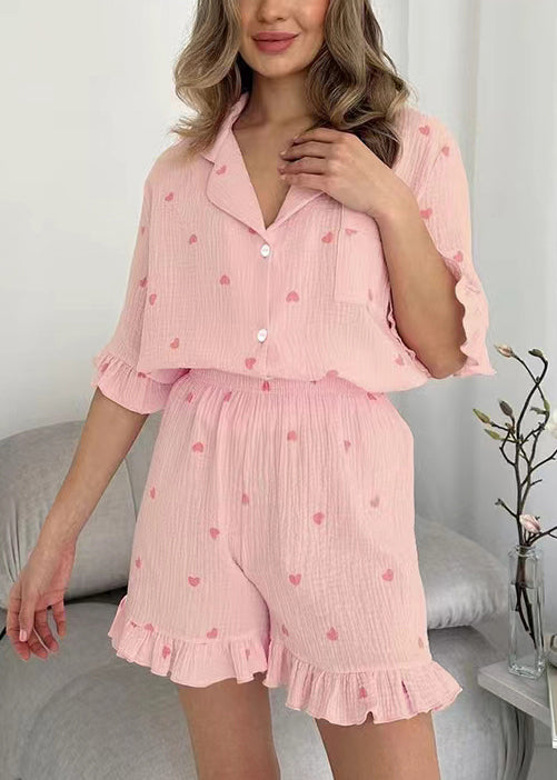 Fitted Pink Ruffled Love Print Cotton Women Pajama Sets 2 Pieces Summer