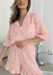 Fitted Pink Ruffled Love Print Cotton Women Pajama Sets 2 Pieces Summer