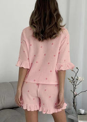 Fitted Pink Ruffled Love Print Cotton Women Pajama Sets 2 Pieces Summer