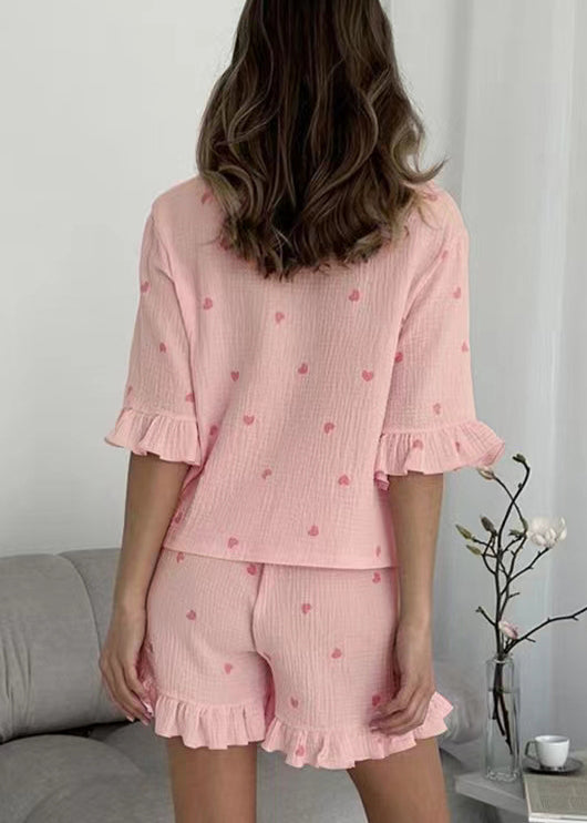 Fitted Pink Ruffled Love Print Cotton Women Pajama Sets 2 Pieces Summer