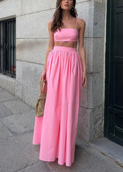 Fitted Pink Silm Fit Cotton Strapless Tops And Skirts Women Sets 2 Pieces Summer