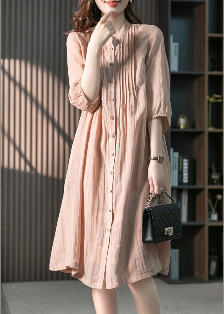 Fitted Pink Stand Collar Button Linen Maxi Dresses Spring