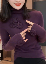 Fitted Purple Hign Neck Floral Patchwork Knit Sweaters Fall