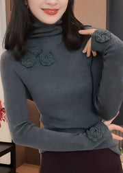 Fitted Purple Hign Neck Floral Patchwork Knit Sweaters Fall