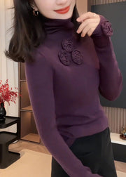 Fitted Purple Hign Neck Floral Patchwork Knit Sweaters Fall