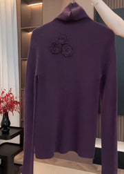 Fitted Purple Hign Neck Floral Patchwork Knit Sweaters Fall