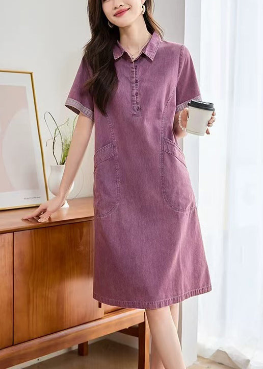 Fitted Purple Peter Pan Collar Pockets Denim Day Dress Summer