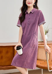 Fitted Purple Peter Pan Collar Pockets Denim Day Dress Summer