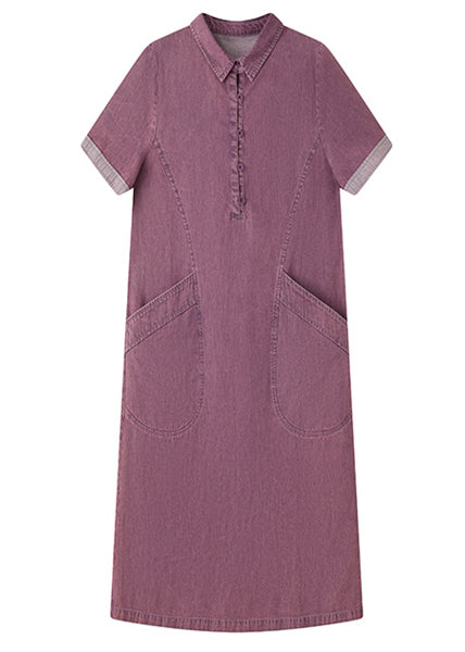 Fitted Purple Peter Pan Collar Pockets Denim Day Dress Summer