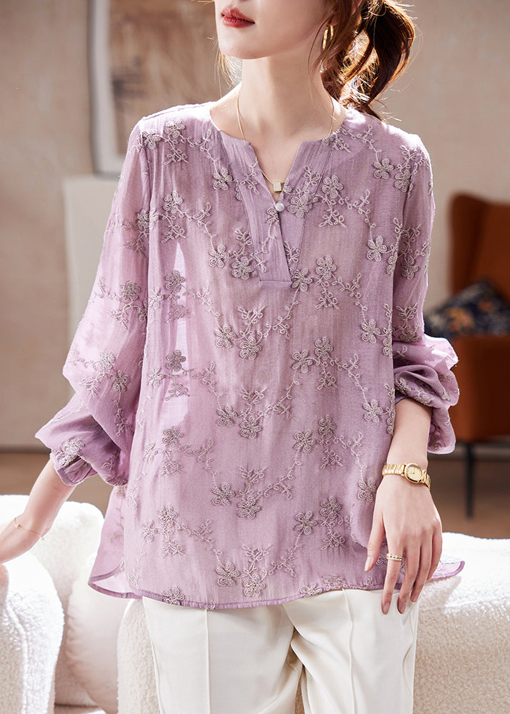Fitted Purple V Neck Embroidered Chiffon Shirt Spring