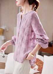 Fitted Purple V Neck Embroidered Chiffon Shirt Spring