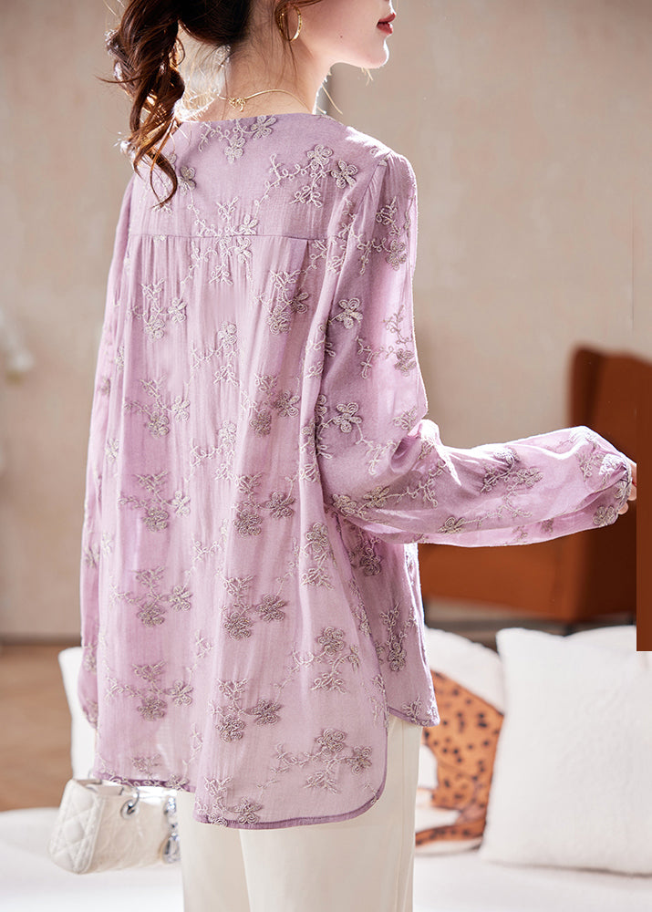 Fitted Purple V Neck Embroidered Chiffon Shirt Spring
