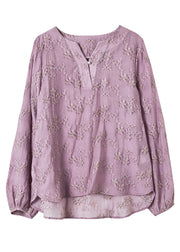 Fitted Purple V Neck Embroidered Chiffon Shirt Spring